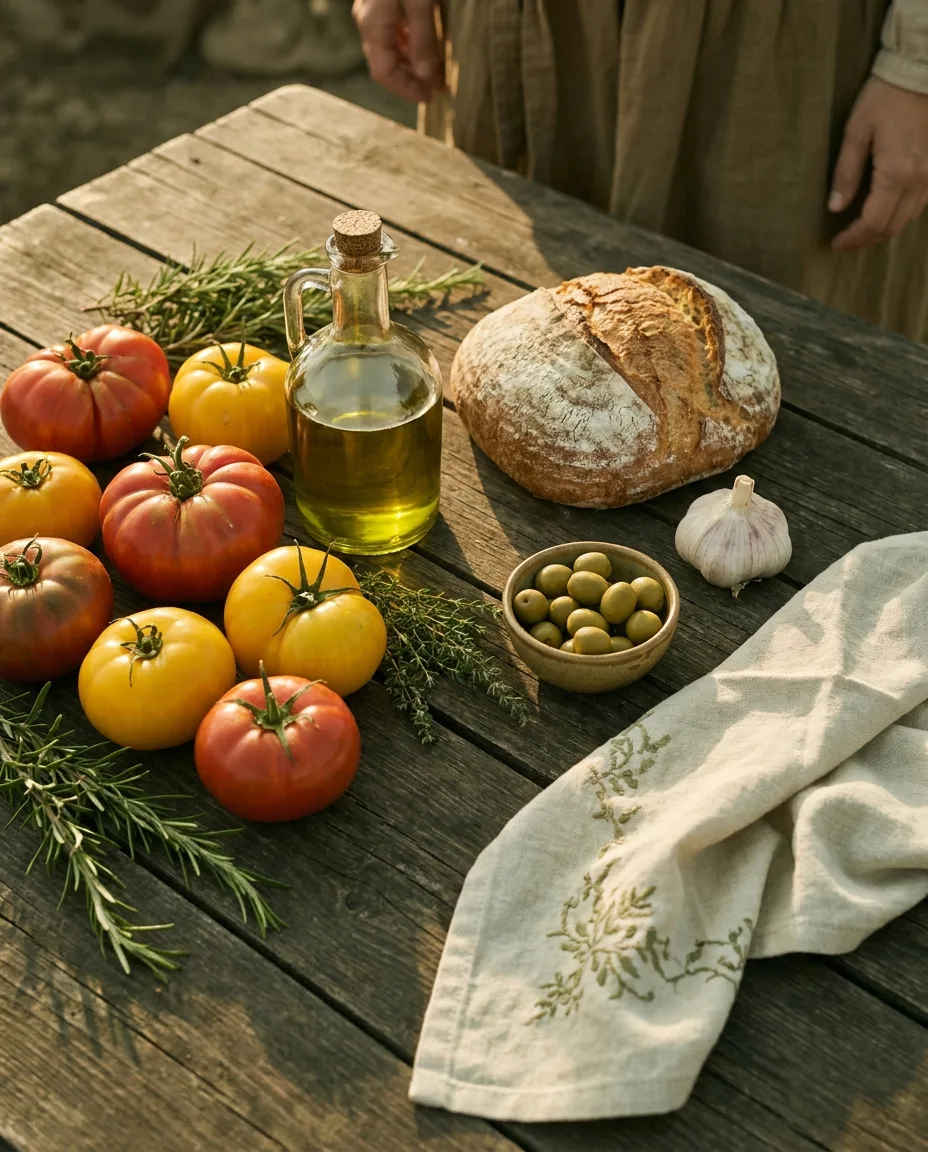 Bodegó d'ingredients frescos sobre taula de fusta: tomàquets, oli d'oliva, pa rústic, all, romaní i olives