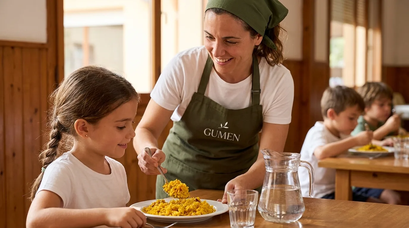 Menjador escolar amb safates de fusta i plats individuals preparats